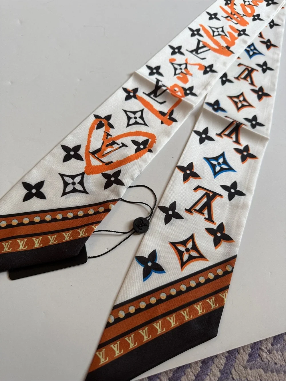 White & Orange Monogram Silk Scarf/Twilly
